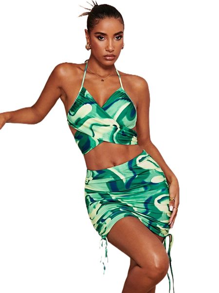 

allover print drawstring side halter & bodycon skirt set h9un#, White