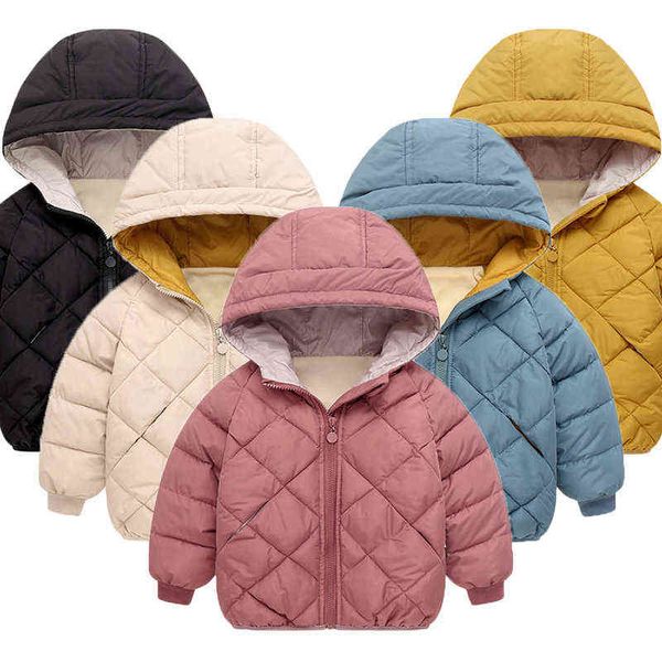 

2021 new winter keep warm girls down jacket grid design thick cotton hooded outerwear for kids children birthday gift jacket j220718, Blue;gray