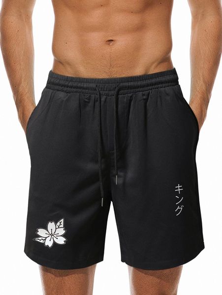 

men floral & japanese letter graphic drawstring waist shorts 035l#, White;black