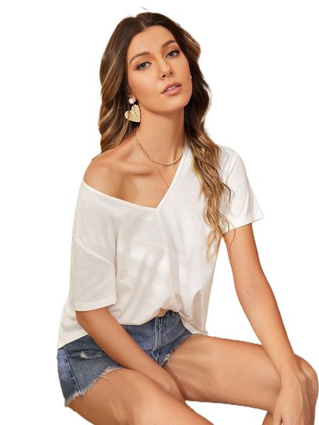 

solid drop shoulder v-neck tee w7ls#, White