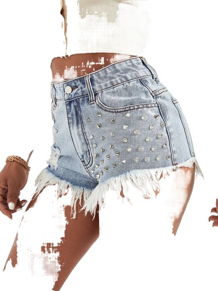 

washed studded raw hem denim shorts l1xj#, White;black