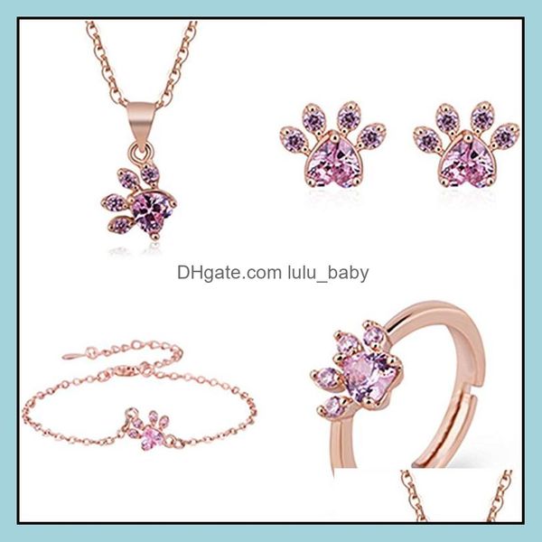 Ohrringe Halskette Rose Gold Katze Klaue Herz Fußabdruck Halsketten Ohrstecker Armband Ring Set Geschenk Party Zarte Drop Lieferung 2021 Schmuck Dhtge