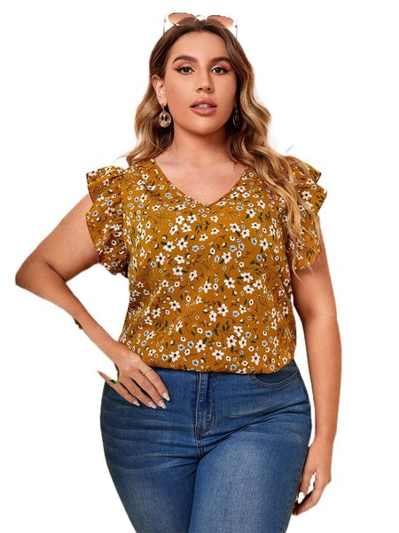 

plus allover floral print ruffle trim blouse c99g#, Black