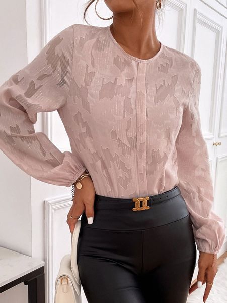 

jacquard lantern sleeve press crease detail blouse j0yh#, White