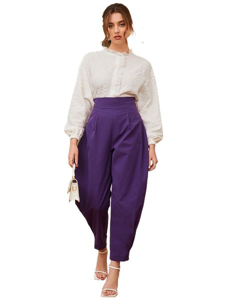 

lace trim lantern sleeve & plicated detail pants 19ui#, White