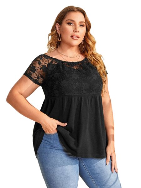 

plus lace panel ruffle hem q6pg#, Black