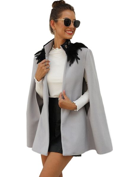 

contrast feather tweed cape coat k1s4#, Black