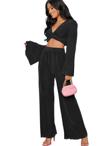 

twist front trumpet sleeve & wide leg pants f12g#, White