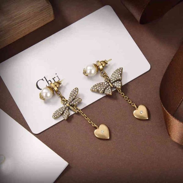 

2022 factory wholesale new house butterfly dragonfly full diamond love bronze tassels old high-grade earrings female i, Golden