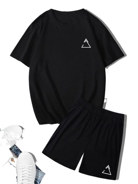 

men geo print tee & shorts r9ce#, Gray