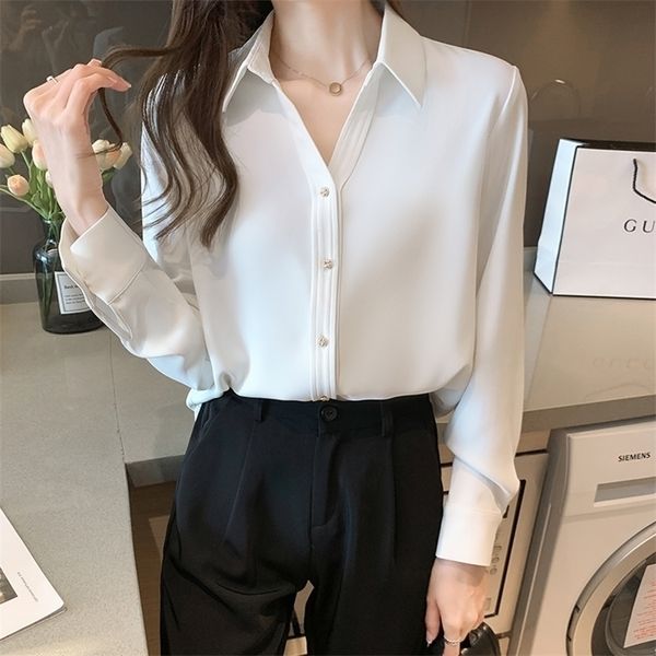 Koreanische Frauen Seide Shirts Satin Blusen Langarm Tops Frau Weiße Bluse V-ausschnitt Top Plus Größe 220402