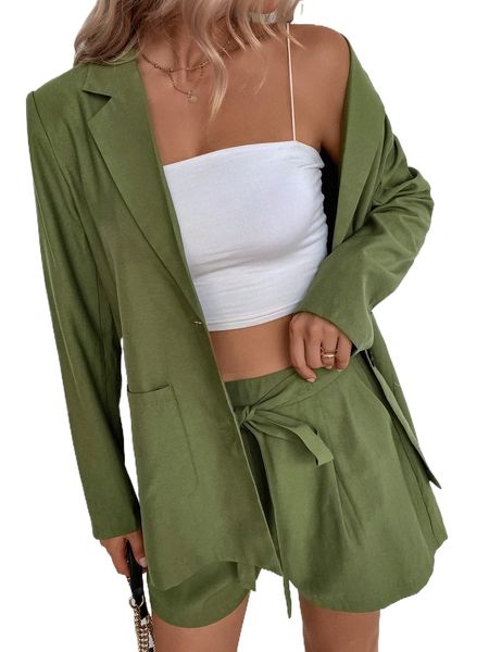 

lapel collar dual pocket blazer & tie front shorts y0sz#, White