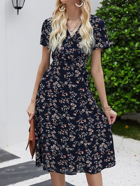 

floral print wrap belted dress g4jo#, Black;gray