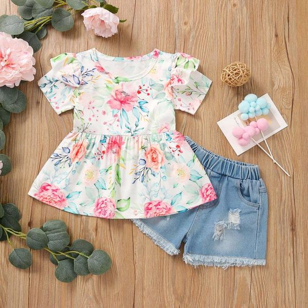 

clothing sets kids summer clothes set girl's sun flower short-sleeved lace patch jeans two-piece suit toddler kid baby girl, White