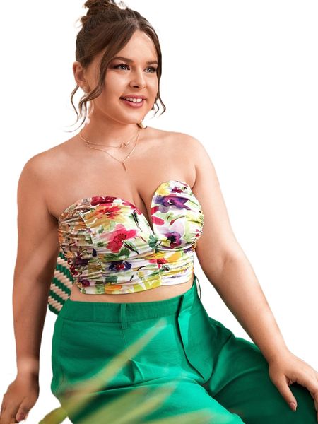 

plus floral print ruched tube k2cm#, Black