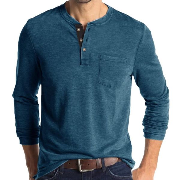 T-shirt da uomo T-shirt bianche grandi da uomo Primavera e autunno Bottone Girocollo Camicetta tinta unita Camicia scura da uomo a maniche lunghe