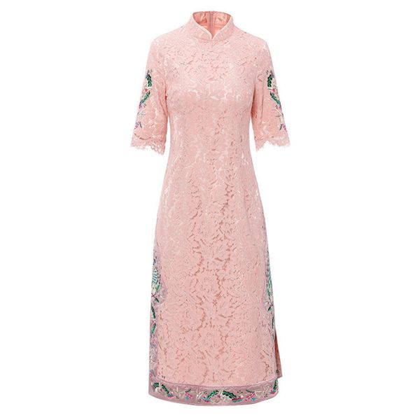 

summer stand collar embroidery slim lace dress y200805, Black;pink