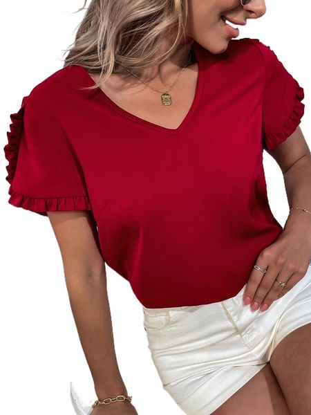 

v neck frill trim blouse j1pn#, White