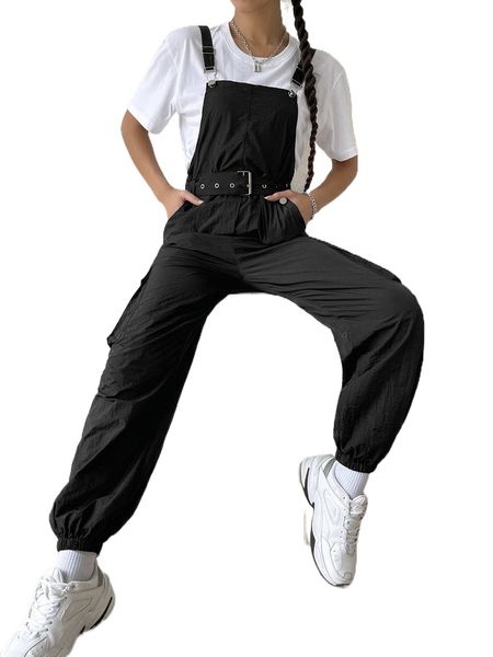 

flap pocket side belted overalls without tee 03xc#, Black;white