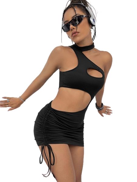 

cut out asymmetrical neck drawstring side bodycon dress a5by#, Black;gray