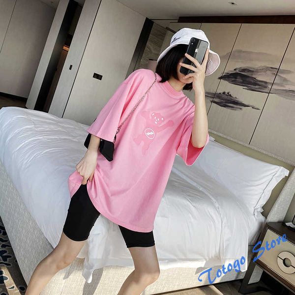 

quality casual simple oneck oversize 2022ss summer we11done tshirt pink cartoon bear zipper printing pattern, White;black