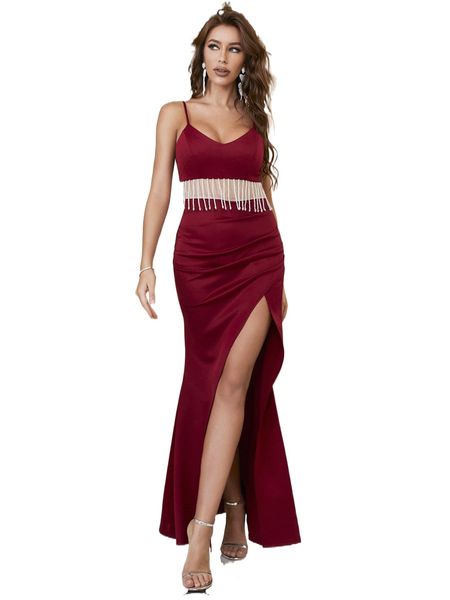 

beaded fringe mesh insert wrap split thigh formal dress v0sq#, Black;gray