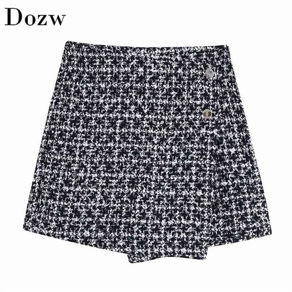 

vintage houndstooth women shorts skirts high waist buttons ladies mini shorts spring office pantalones woolen short skirts 210414, White;black