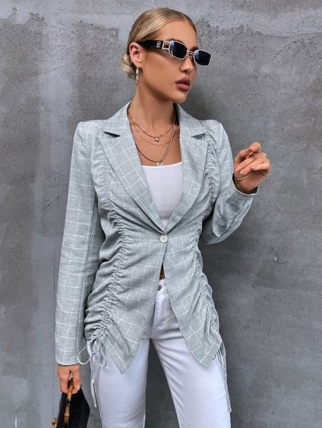 

grid print drawstring ruched blazer e2ug#, White
