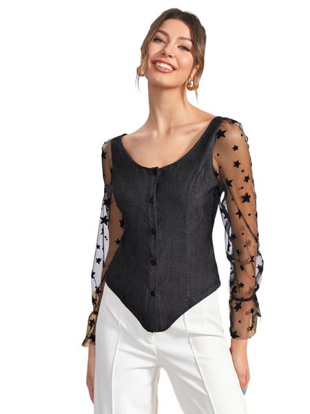 

x karla campos contrast star mesh flounce sleeve v6hz#, White