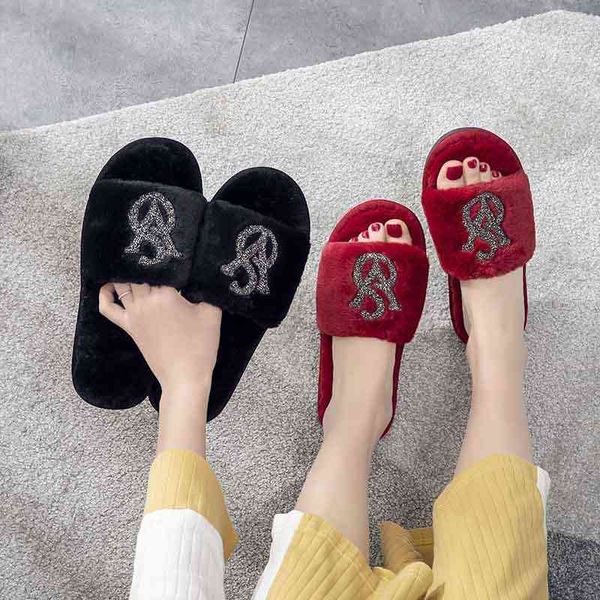

vs rhintone wool slippers women's 2022 new home bright diamond warm fashion open cotton, Black