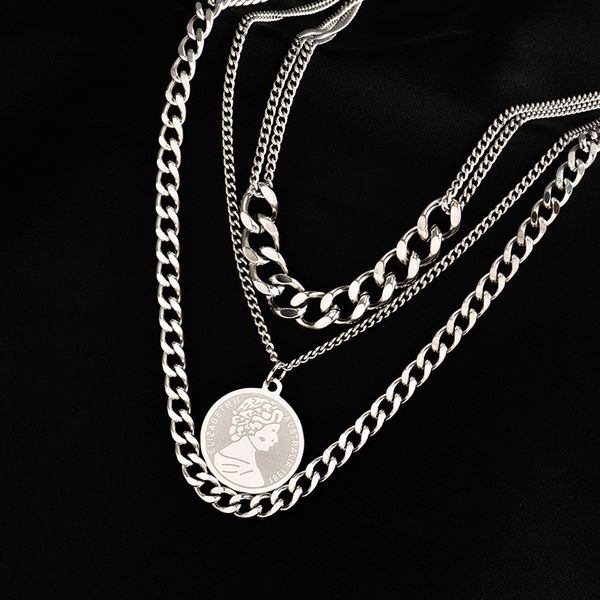 

non fading hip hop necklace female minority design multi-layer ins cool wind clavicle chain human figure three-layer neck, Silver