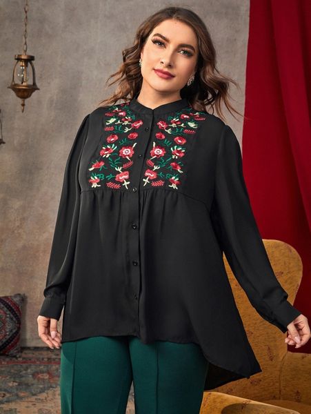 

plus floral embroidery button front high low hem blouse a3xm#, Black