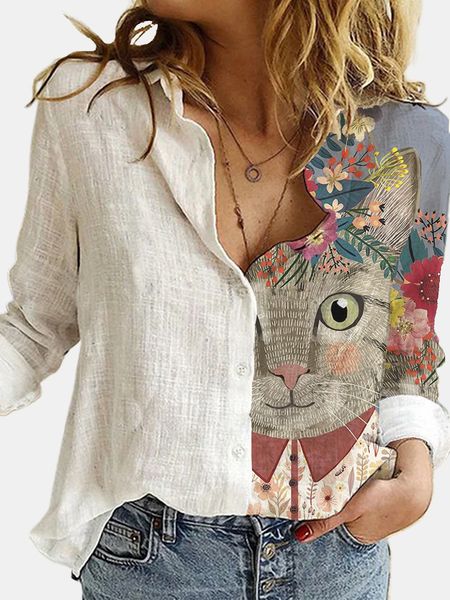 Designer moda de animais solto gato de gato impressão feminina camisa outono escritório branco blusas manga recrutar o carro casual de colarinho de colarinho