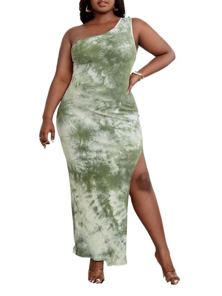 

sxy plus tie dye one shoulder split thigh dress 64v4#, Black