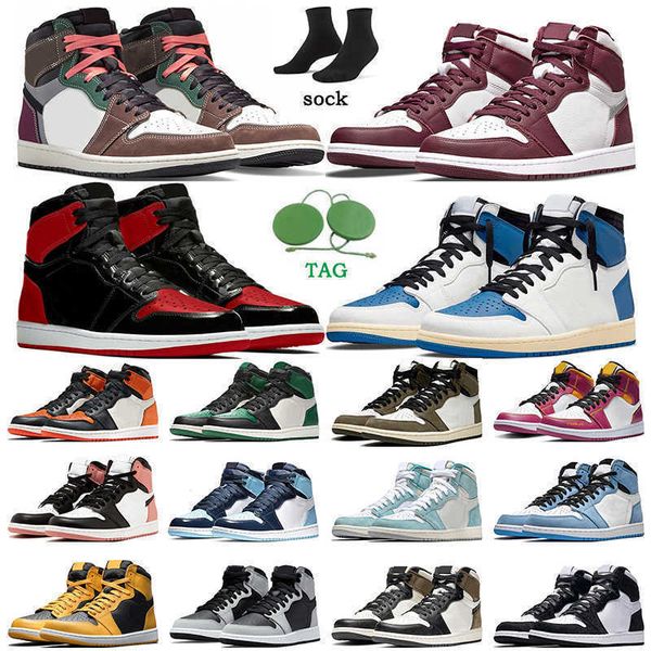 

basketball shoes 1 men women 1s hand crafted bordeaux fragment bred patent pollen obsidian hyper royal mocha turbo green trainers sports, Black
