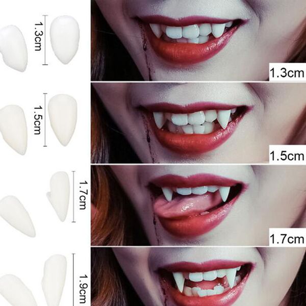 1 paio Denti da vampiro Zanne Protesi Puntelli Costume di Halloween Puntelli Denti finti Colla solida Protesi Adesivo Decorazioni per feste di Halloween