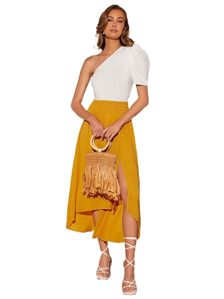 

one shoulder puff sleeve bodysuit h3oe#, White