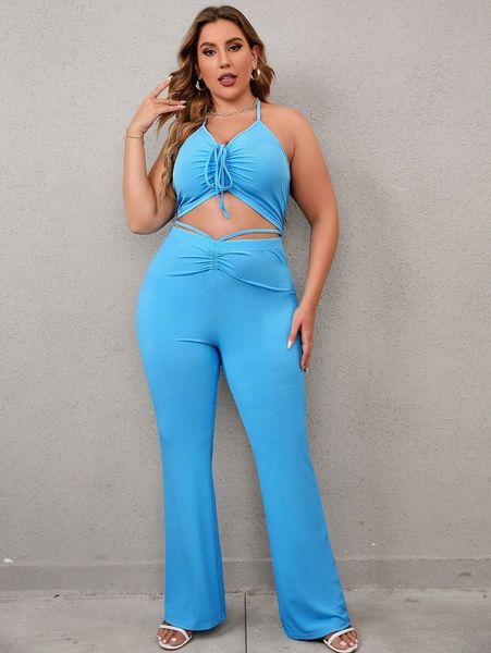 

plus drawstring tie backless halter & bootcut leg pants 001v#, Black