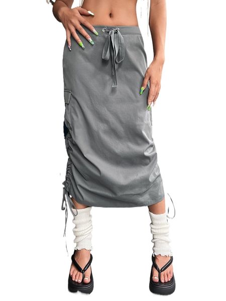 

drawstring side solid flap pocket skirt r3zm#, Black