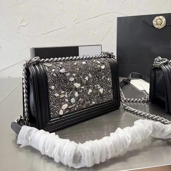 

lady glitter fashion designer bags shimmer stone calfskin black shoulder bags silver metal hardware chain diamonds strass french handbags de