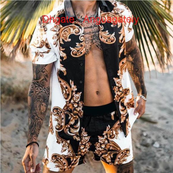 

fashion mens summer tracksuit hawaiian sets t-shirts printing luxury men swim short sleeve button shirts beach shorts streetwear casual shir, Gray