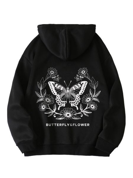 

butterfly & letter graphic kangaroo pocket drawstring thermal hoodie u4zr#, Black