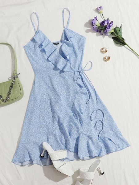 

ruffle trim wrap tie side ditsy floral slip dress z1ej#, Black;gray