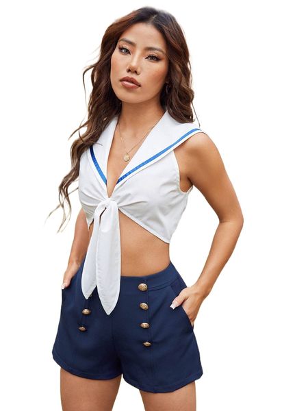 

sailor collar tie front crop h3ow#, White