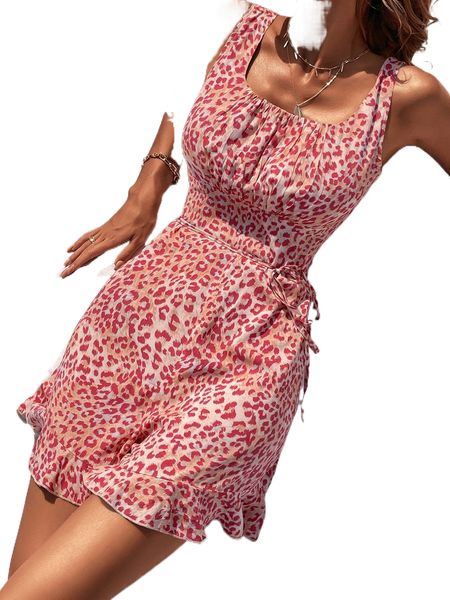 

leopard ruffle hem belted jumpsuit 68xm#, Black;white