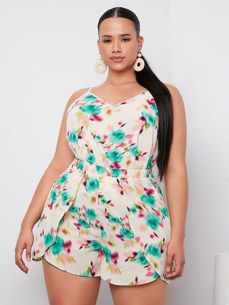 

plus brush print cami & wrap hem shorts s7s4#, Black