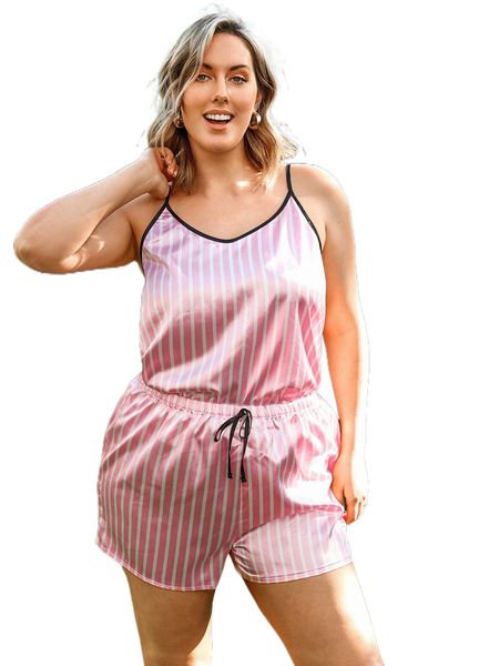 

plus striped print knot waist contrast binding pj set c5ze#, Black;white