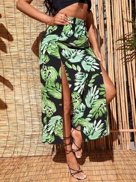 

high waist tropical print slit skirt 69pk#, Black