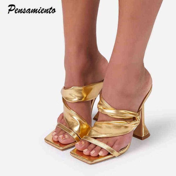 Pantofole da donna con punta quadrata moda Comoda coppa con tacco in morbida pelle femminile Ciabatte Sandali estivi con tacco alto Scarpe 220615