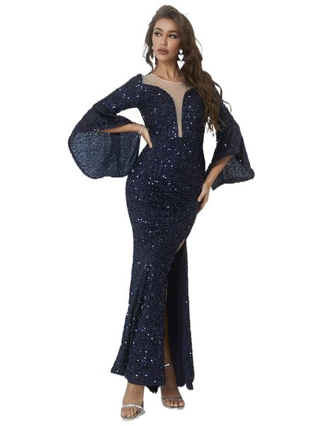 

flounce sleeve split thigh sequins prom dress c98f#, Black;gray